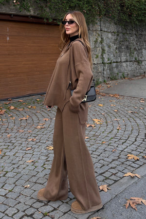 Sütlü Kahverengi Fermuarlı Kapüşonlu Triko Takım - 0511