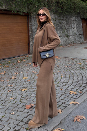 Sütlü Kahverengi Fermuarlı Kapüşonlu Triko Takım - 0511