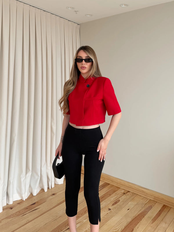 Kırmızı Kısa Kollu Crop Ceket - 504368