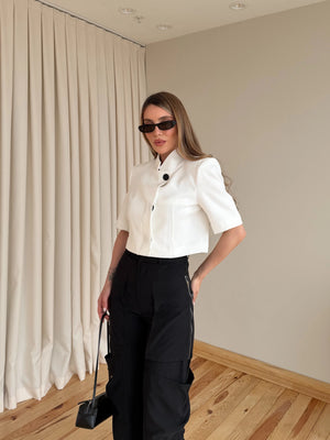 Beyaz Kısa Kollu Crop Ceket - 504368