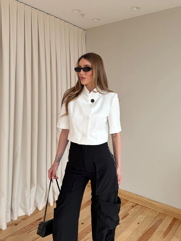 Beyaz Kısa Kollu Crop Ceket - 504368