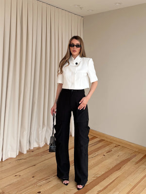 Beyaz Kısa Kollu Crop Ceket - 504368