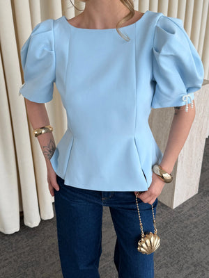 Mavi Kolu İnci Fiyonk Detaylı Bluz - 5001