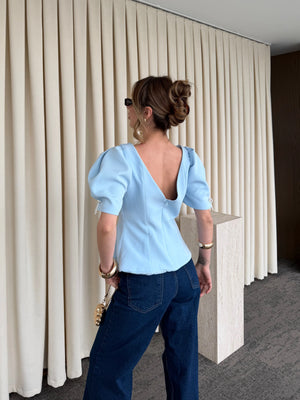 Mavi Kolu İnci Fiyonk Detaylı Bluz - 5001