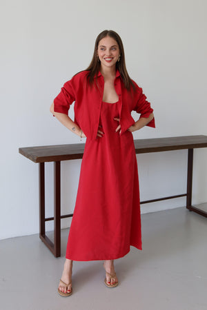 Kırmızı Modal Gömlek Elbise Takım