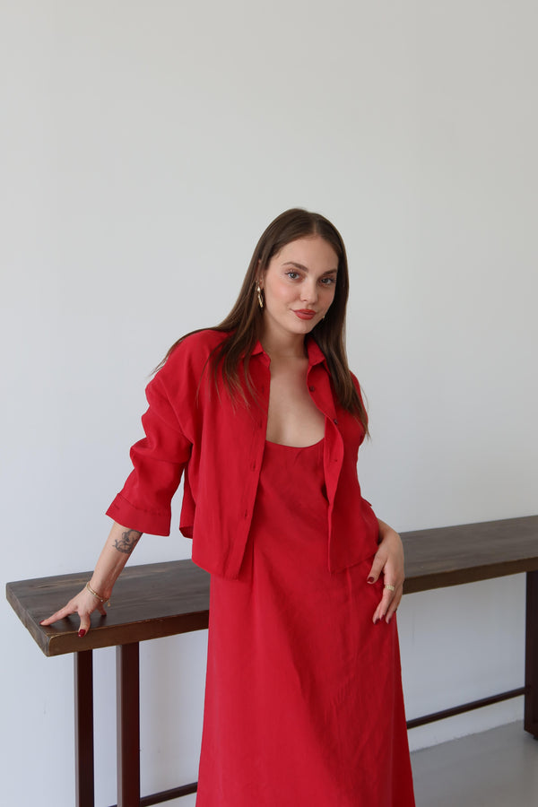 Kırmızı Modal Gömlek Elbise Takım