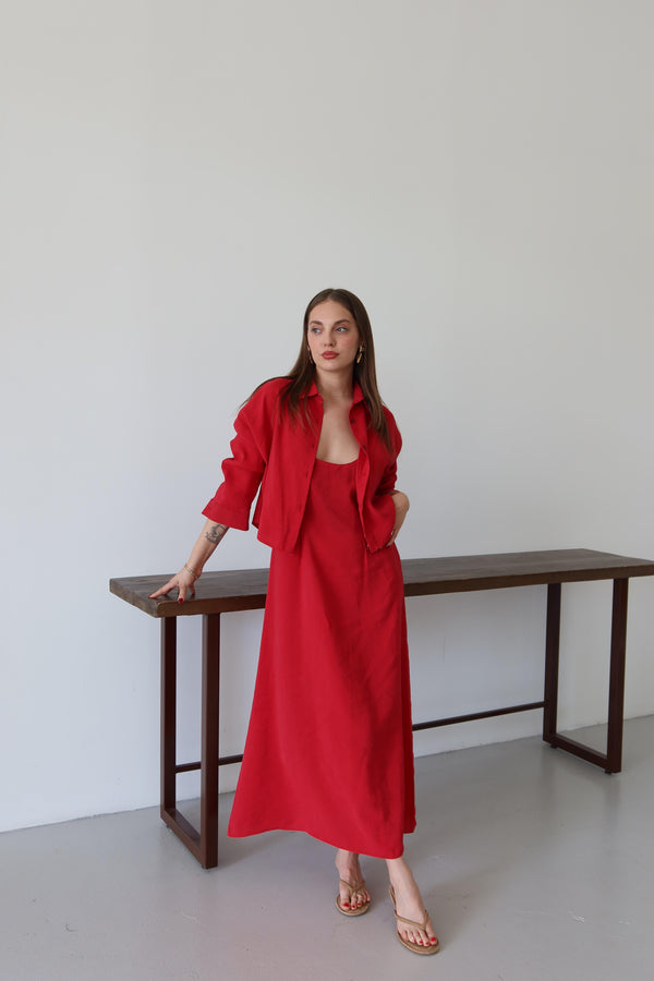 Kırmızı Modal Gömlek Elbise Takım
