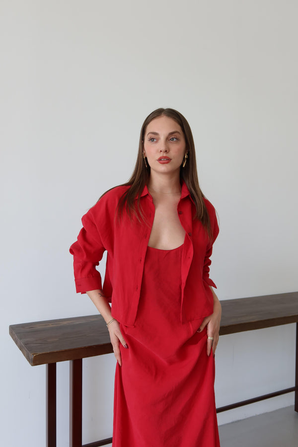 Kırmızı Modal Gömlek Elbise Takım