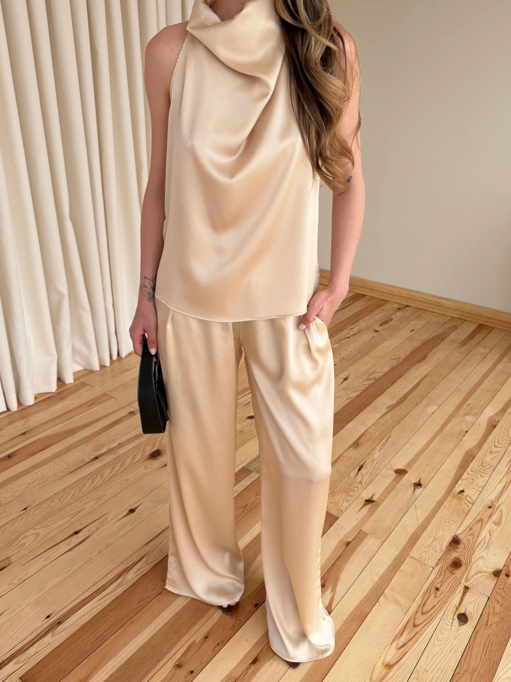 Bej Saten Bluz Pantolon Takım - 30433