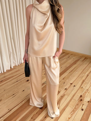 Bej Saten Bluz Pantolon Takım - 30433