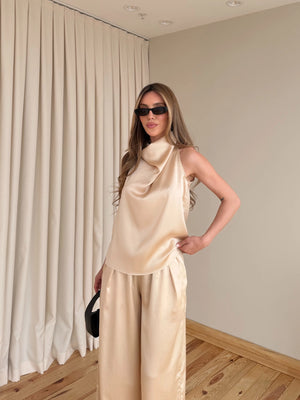 Bej Saten Bluz Pantolon Takım - 30433