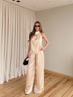 Bej Saten Bluz Pantolon Takım - 30433