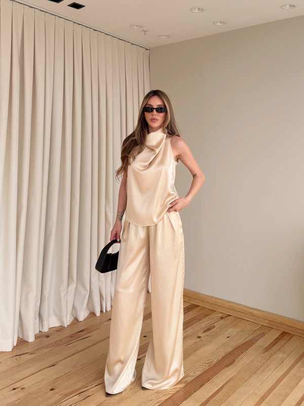 Bej Saten Bluz Pantolon Takım - 30433