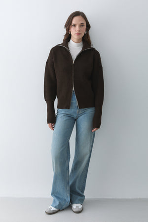 Kahverengi Çift Fermuarlı Hırka - 251080