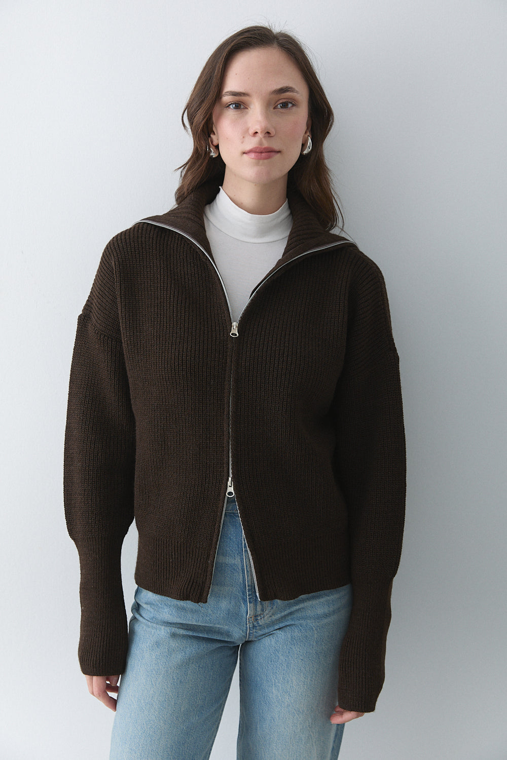 Kahverengi Çift Fermuarlı Hırka - 251080