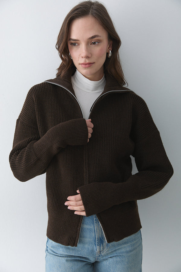 Kahverengi Çift Fermuarlı Hırka - 251080