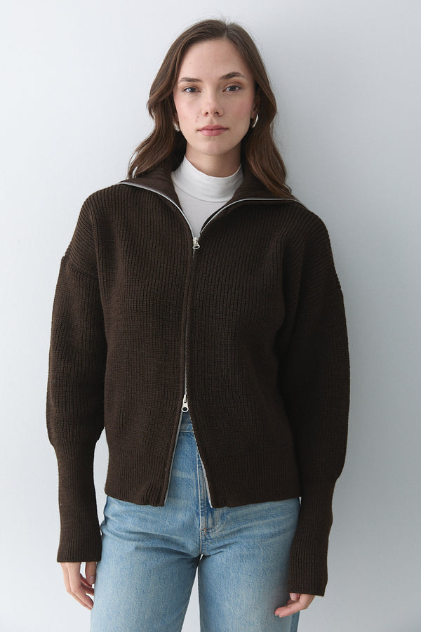 Kahverengi Çift Fermuarlı Hırka - 251080