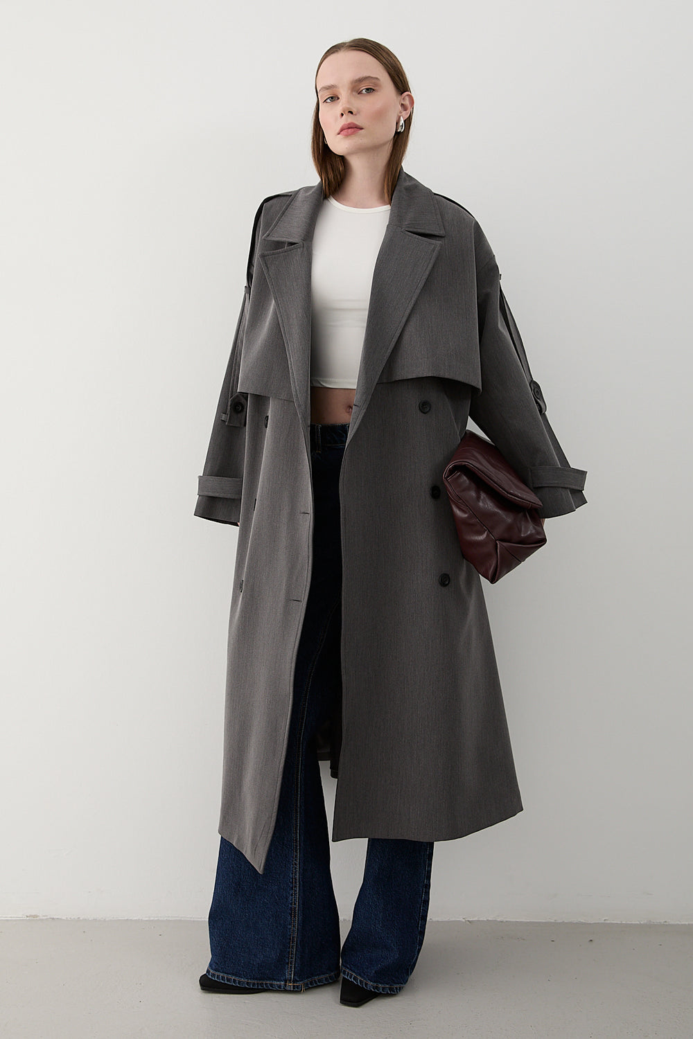 Antrasit Lucky Düğme Detaylı Oversize Trençkot