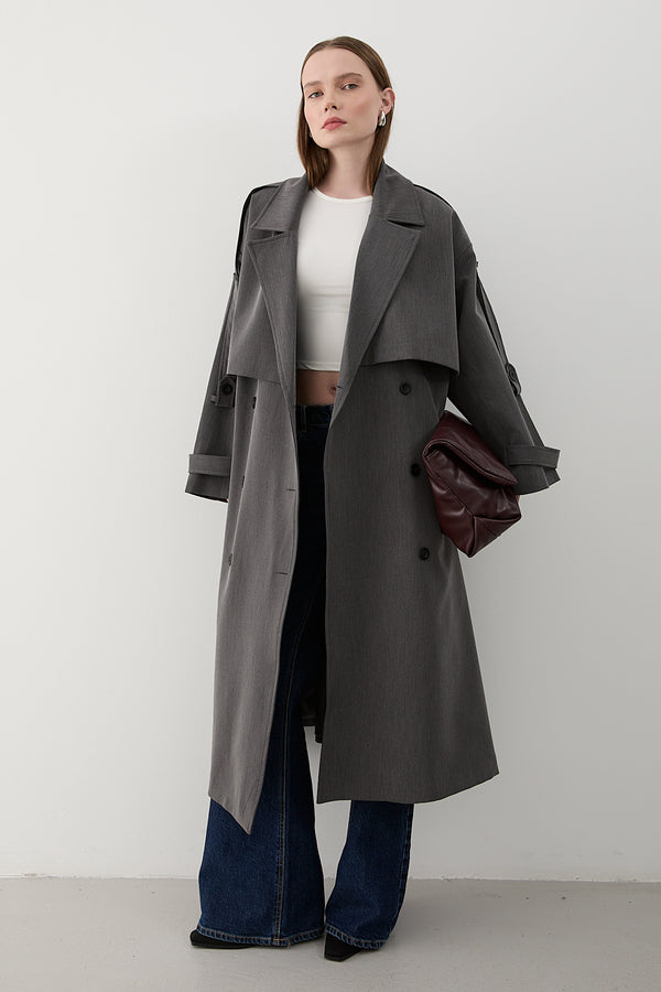 Antrasit Lucky Düğme Detaylı Oversize Trençkot