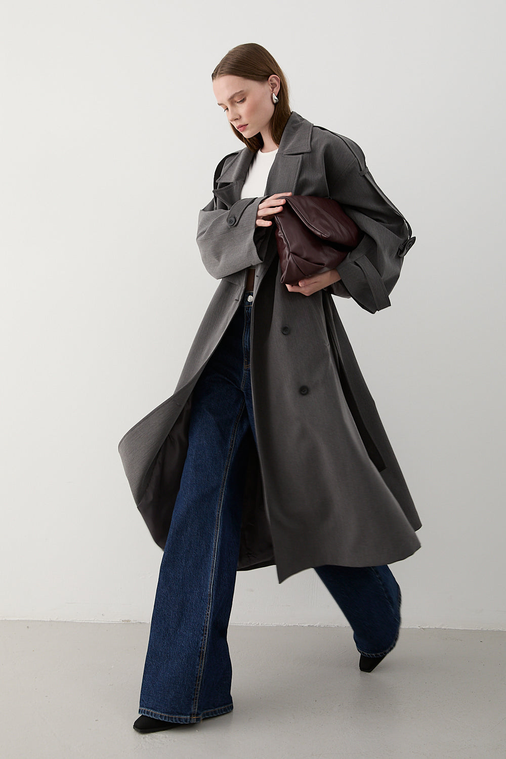 Antrasit Lucky Düğme Detaylı Oversize Trençkot