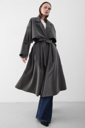 Antrasit Lucky Düğme Detaylı Oversize Trençkot