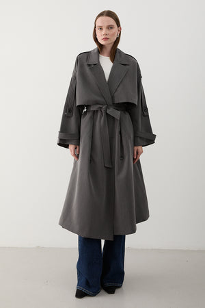 Antrasit Lucky Düğme Detaylı Oversize Trençkot