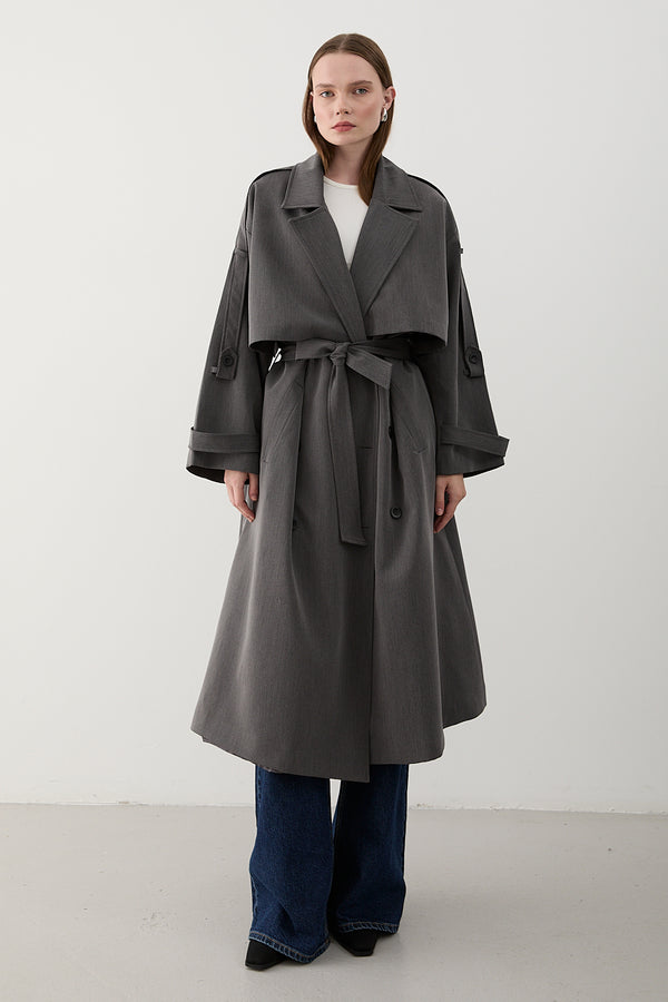 Antrasit Lucky Düğme Detaylı Oversize Trençkot