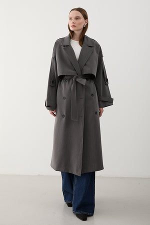 Antrasit Lucky Düğme Detaylı Oversize Trençkot