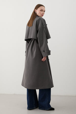 Antrasit Lucky Düğme Detaylı Oversize Trençkot