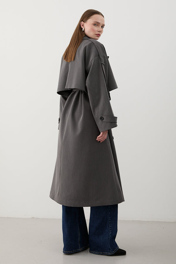 Antrasit Lucky Düğme Detaylı Oversize Trençkot