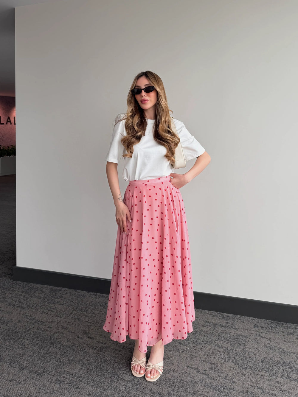 Pembe Şifon Puantiyeli Etek - 0613