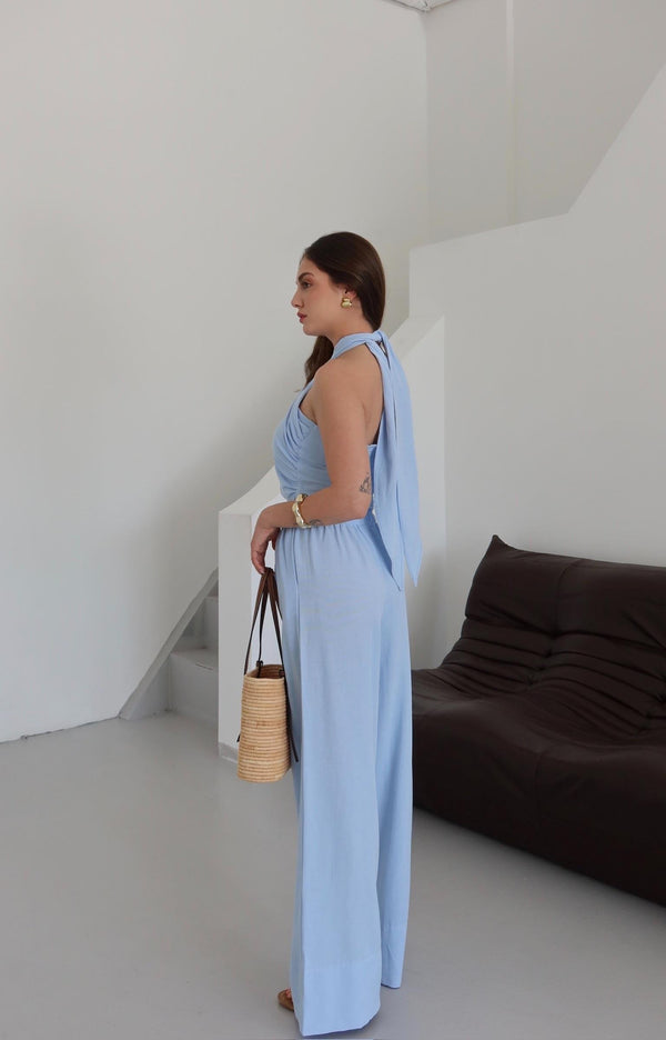 Koyu Mavi Boyundan Bağlı Büstiyer Pantolon Takım