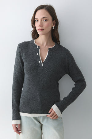 Antrasit - Krem 2 Patlı Düğmeli Kazak - 251023