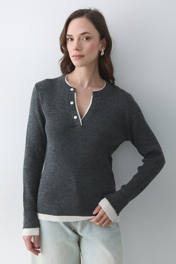 Antrasit - Krem 2 Patlı Düğmeli Kazak - 251023