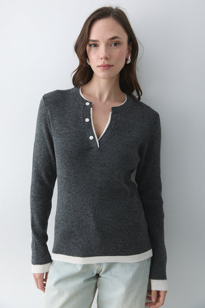 Antrasit - Krem 2 Patlı Düğmeli Kazak - 251023