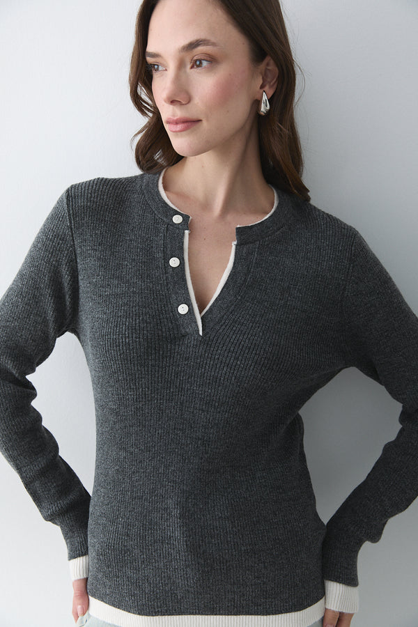 Antrasit - Krem 2 Patlı Düğmeli Kazak - 251023