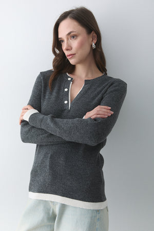 Antrasit - Krem 2 Patlı Düğmeli Kazak - 251023