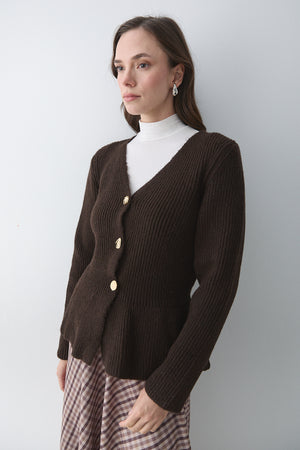 Kahverengi 3 Düğmeli Pileli Hırka - 251065