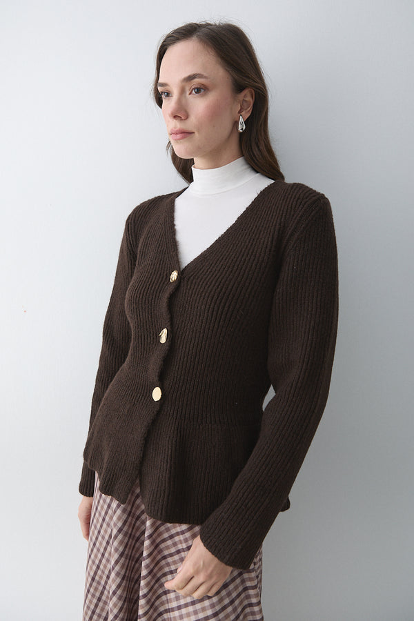 Kahverengi 3 Düğmeli Pileli Hırka - 251065