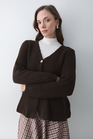 Kahverengi 3 Düğmeli Pileli Hırka - 251065