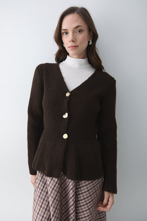 Kahverengi 3 Düğmeli Pileli Hırka - 251065