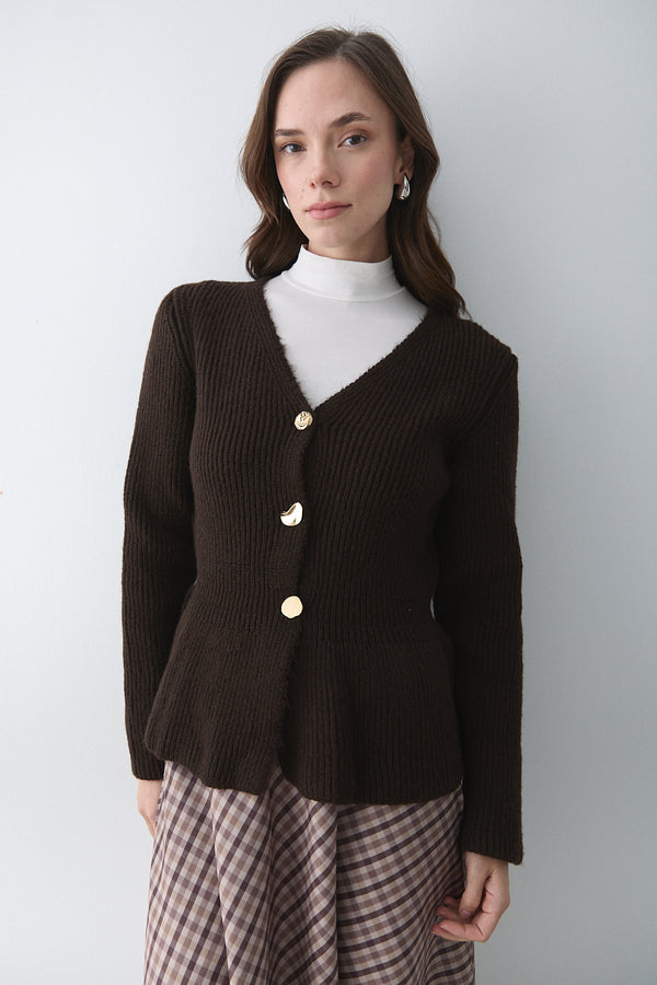 Kahverengi 3 Düğmeli Pileli Hırka - 251065