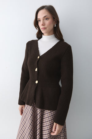 Kahverengi 3 Düğmeli Pileli Hırka - 251065