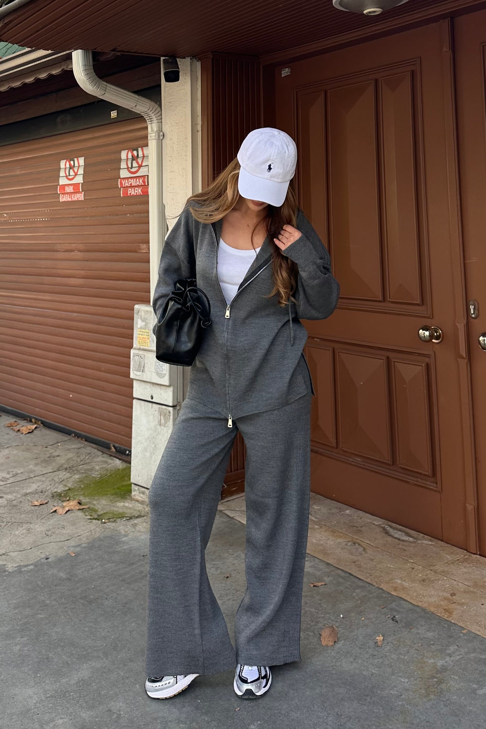 Antrasit Fermuarlı Kapüşonlu Triko Takım - 0511