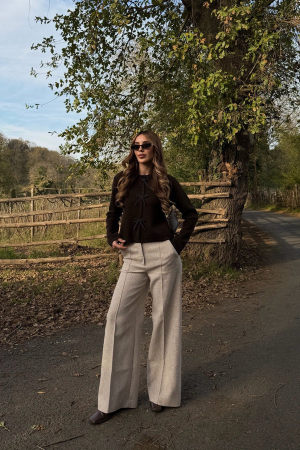 Kahverengi Fiyonk Boncuk Detaylı Hırka - 251072