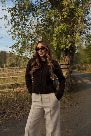 Kahverengi Fiyonk Boncuk Detaylı Hırka - 251072