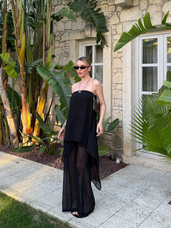Siyah Straplez Şifon İkili Plaj Takım - 1437