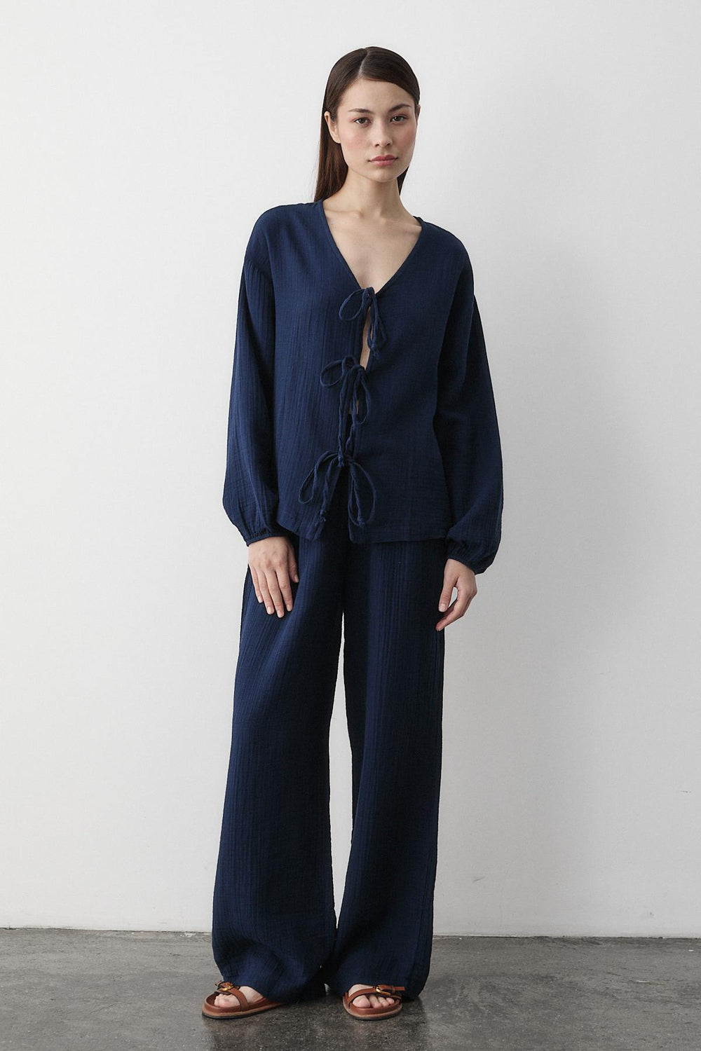 Lacivert %100 Pamuk Bağlamalı Bluz Pantolon Takım