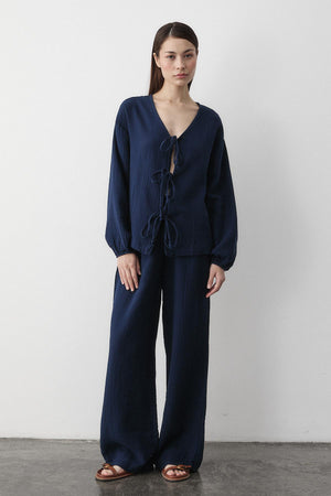 Lacivert %100 Pamuk Bağlamalı Bluz Pantolon Takım