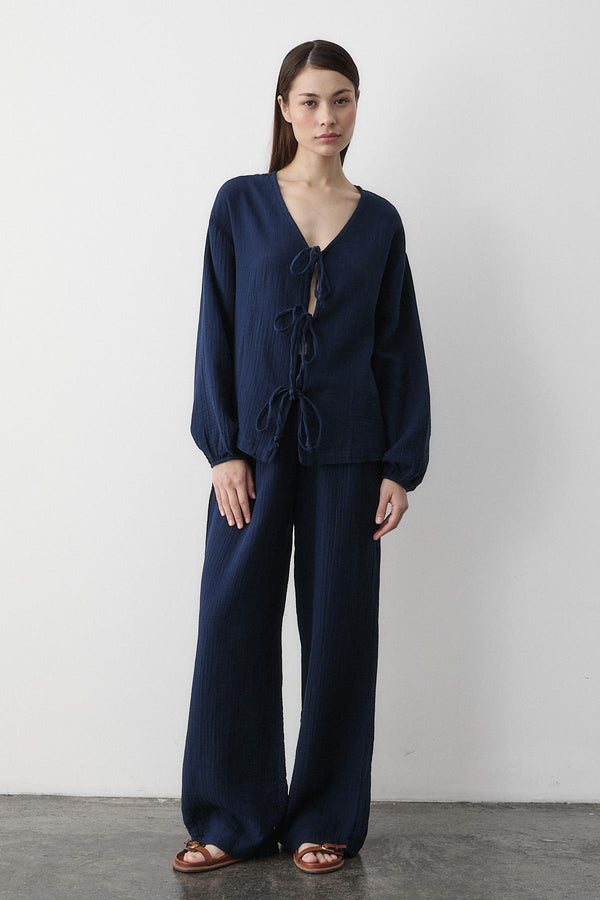 Lacivert %100 Pamuk Bağlamalı Bluz Pantolon Takım